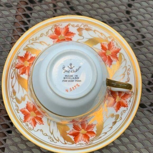 Royal Chelsea Orange Poppy Teacup Set Gold Scroll - Picture 3 of 4